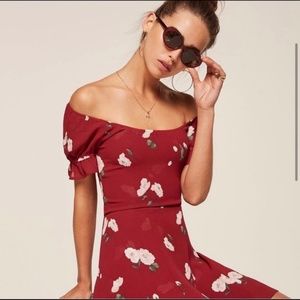 Reformation Arlene Red Floral Off Shoulder Dress